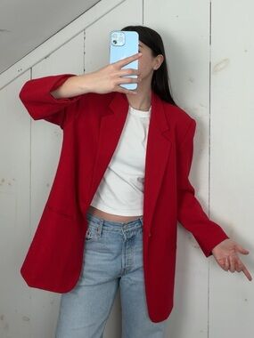 Vintage 100% Wool Red Blazer Jacket Coat Womens 14 Single Button Preppy Academia